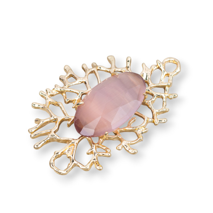 Connecteur de composants en bronze style branches de corail avec cabochon intégré 40x53mm 2pcs rose poudré