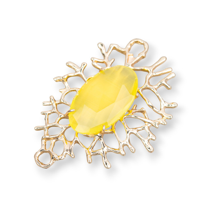 Connecteur de composants en bronze style branches de corail avec cabochon 40x53mm 2pcs jaune