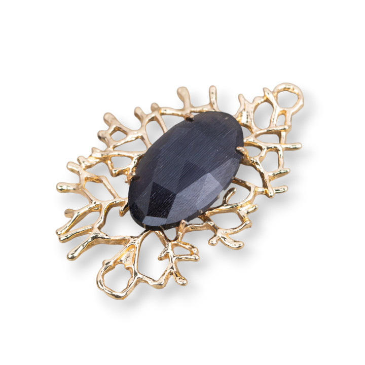 Coral Branches Style Bronze Component Connector with Cabochon Set 40x53mm 2pcs Dark Gray