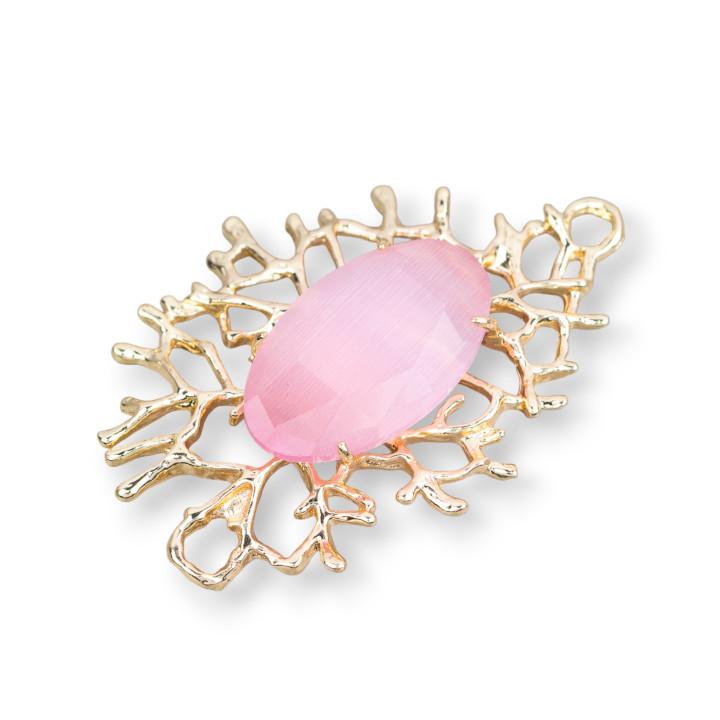 Coral Branches Style Bronze Component Connector with Cabochon Σετ 40x53mm 2τμχ Ροζ