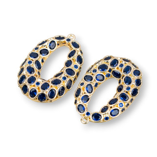 Componente colgante de bronce Cornector ovalado Puntos de luz 22x30 mm 2 piezas Azul zafiro