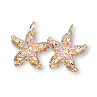 Bronze Hook Earrings with Starfish and Zircons Set 25x35mm Pink