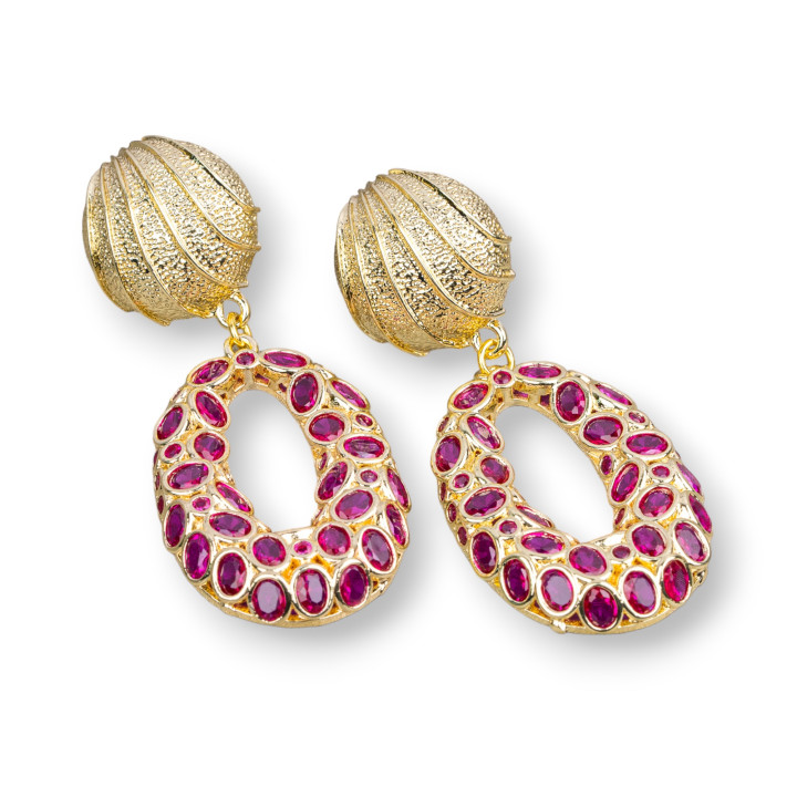 Bronze Stud Earrings with Zircons Set 22x50mm Ruby Red