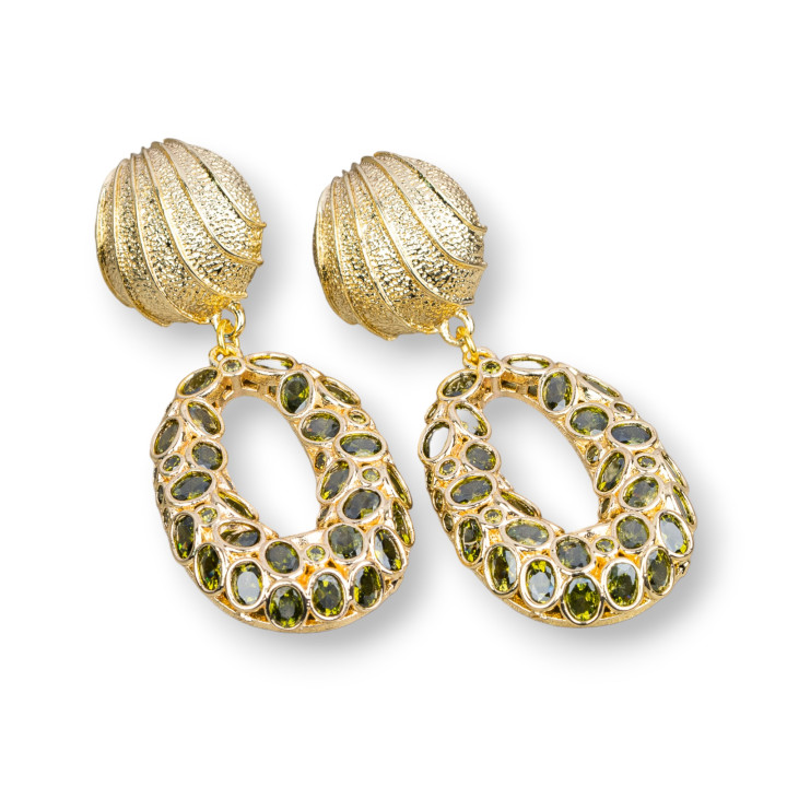 Bronze Stud Earrings With Zircons Set 22x50mm Olivine Green