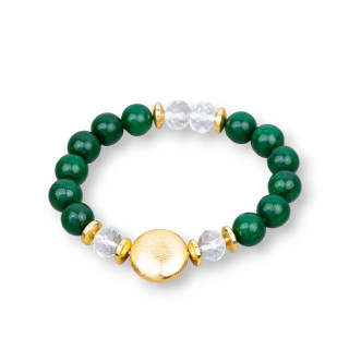 Stretch Bracelets Of Semi-precious Stones And Green Jade Brushed Bronze Centre