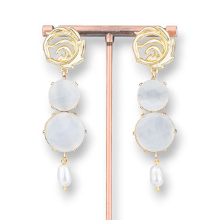 Bronze Stud Earrings With Cat's Eye Component And Freshwater Pearls 19x70mm White