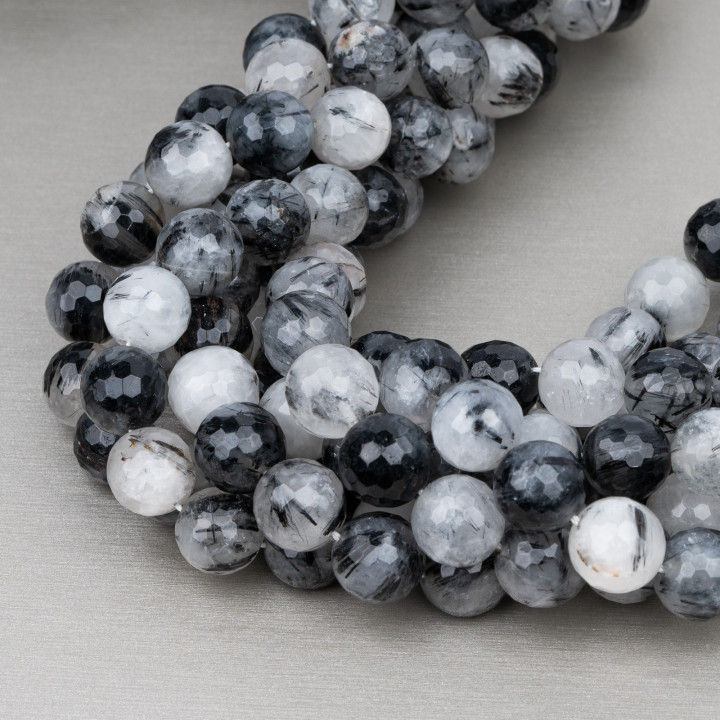 Quarzo Rutilato Nero (Quarzo Tormalinato Graffittato) Perlina Tonda Sfaccettata 12mm