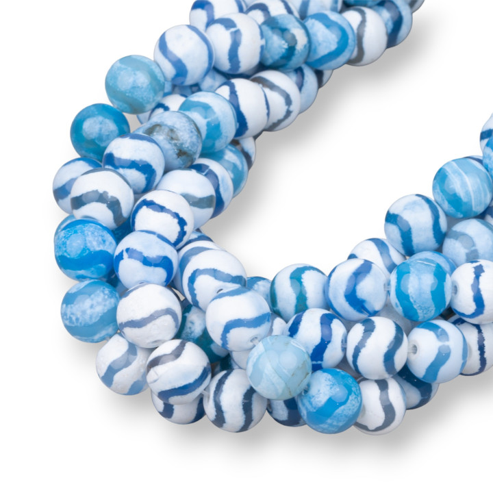 Agate Tibétaine Ronde Lisse 10mm Lignes Bleues