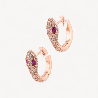 Closed Stud Earrings Of 925 Silver With Micropave Zircons Snake Circle 13x17mm 1 Pair Rose Gold White Red Eyes