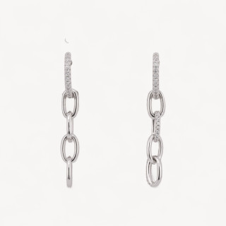 Boucles d'Oreilles Clous Fermées en Argent 925 avec Diadème de Zircons Micropave et Chaîne Ovale 5.5x40mm 1 Paire Rhodié