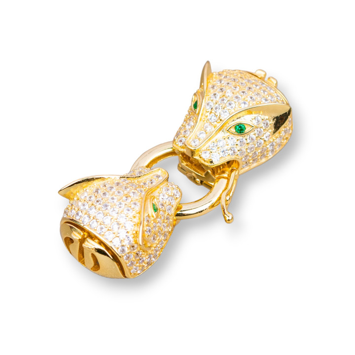 Fermoir Argent 925 Avec Zircons Double Tête Panthère Avec Anneau Central 13x39mm 1pc Doré