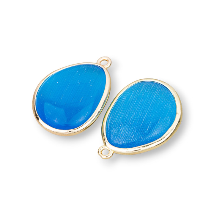 Bronze Pendant Component With Cat's Eye Set Mango 18x25mm With 1 Ring 8pcs Light Blue