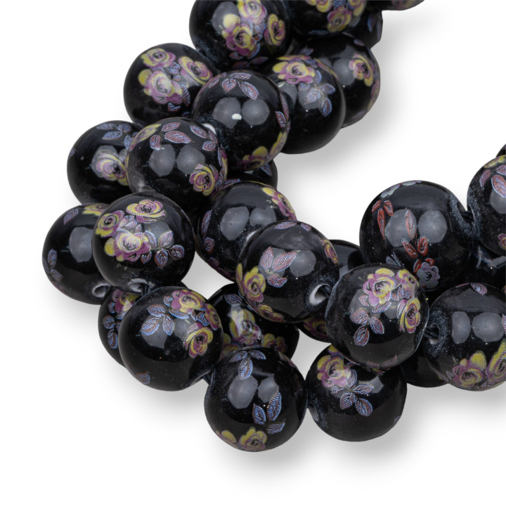 Céramique Noire Imprimé Floral Rond Lisse 16mm