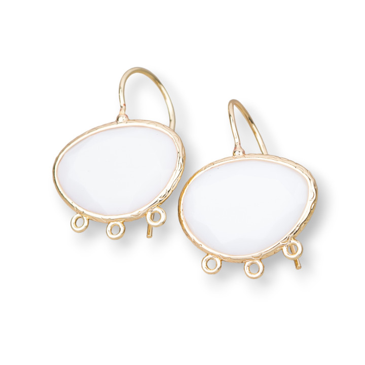 Clous d'Oreilles Bronze Oeil de Chat Mangue Liseré 22x30mm Avec 3 Anneaux 3 Paires Agate Blanche