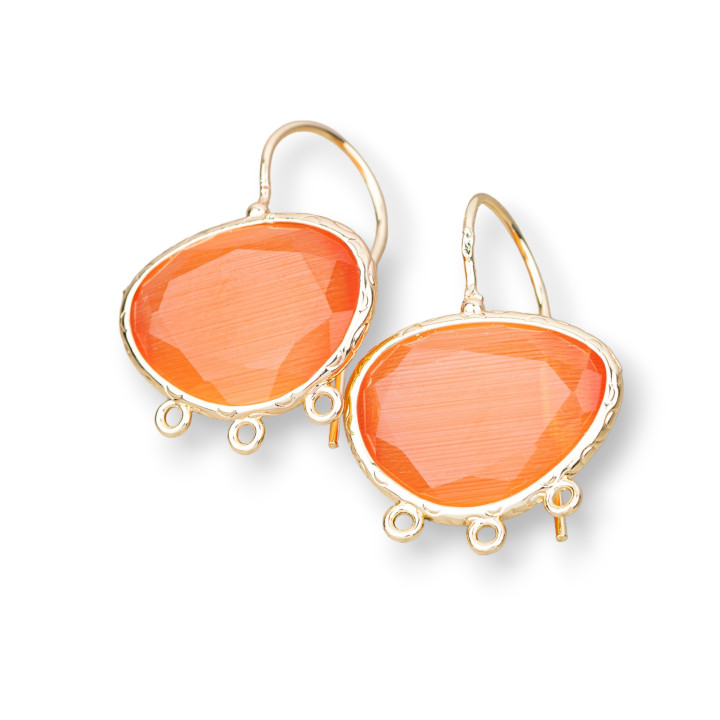 Base Per Orecchini A Monachella Di Bronzo Con Occhio Di Gatto Mango Bordato 22x30mm Con 3 Anellini 3 Paia Arancio