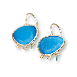 Base Per Orecchini A Monachella Di Bronzo Con Occhio Di Gatto Mango Bordato 22x30mm Con 3 Anellini 3 Paia Dorato Azzurro