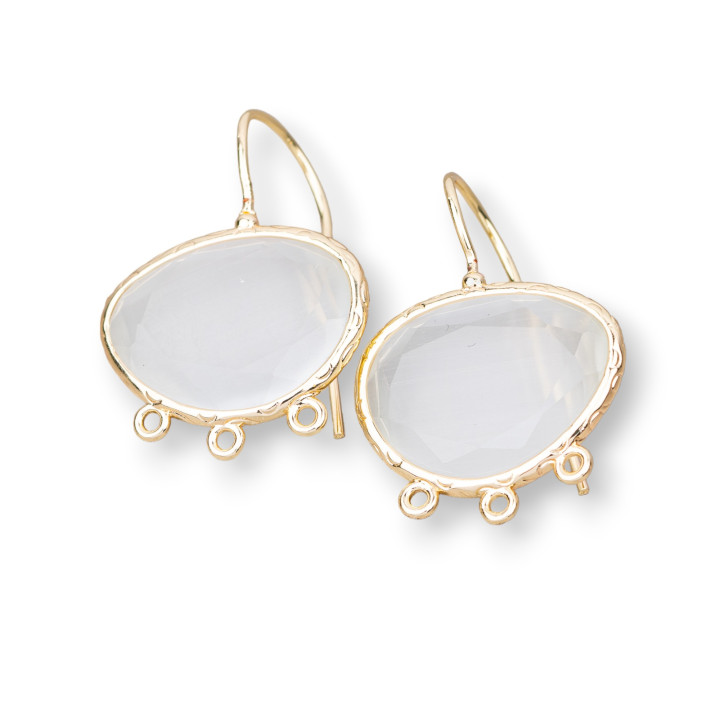 Mango Edged Cat's Eye Σκουλαρίκι Χάλκινο Γάντζο Βάσεις 22x30mm με 3 Κρίκους 3 Ζεύγη Λευκό