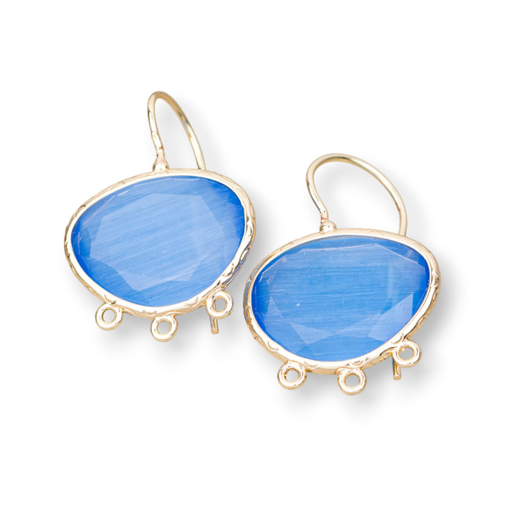 Clous d'Oreilles Bronze Oeil de Chat Mangue Perlé 22x30mm Avec 3 Anneaux 3 Paires Bleu Clair