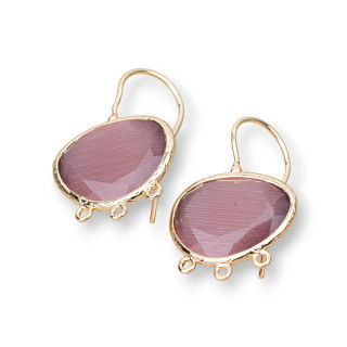 Base Per Orecchini A Monachella Di Bronzo Con Occhio Di Gatto Mango Bordato 22x30mm Con 3 Anellini 3 Paia Dorato Cipria
