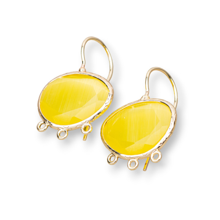 Base Per Orecchini A Monachella Di Bronzo Con Occhio Di Gatto Mango Bordato 22x30mm Con 3 Anellini 3 Paia Dorato Giallo