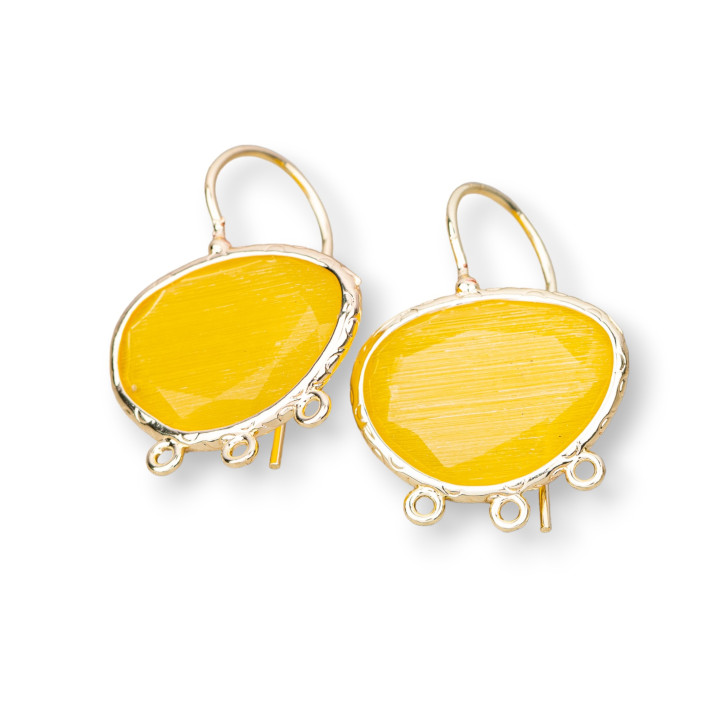 Clous d'Oreilles Bronze Oeil de Chat Perlé Mangue 22x30mm Avec 3 Anneaux 3 Paires Jaune Intense