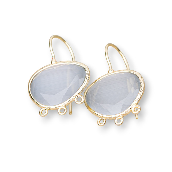 Base Per Orecchini A Monachella Di Bronzo Con Occhio Di Gatto Mango Bordato 22x30mm Con 3 Anellini 3 Paia Dorato Grigio