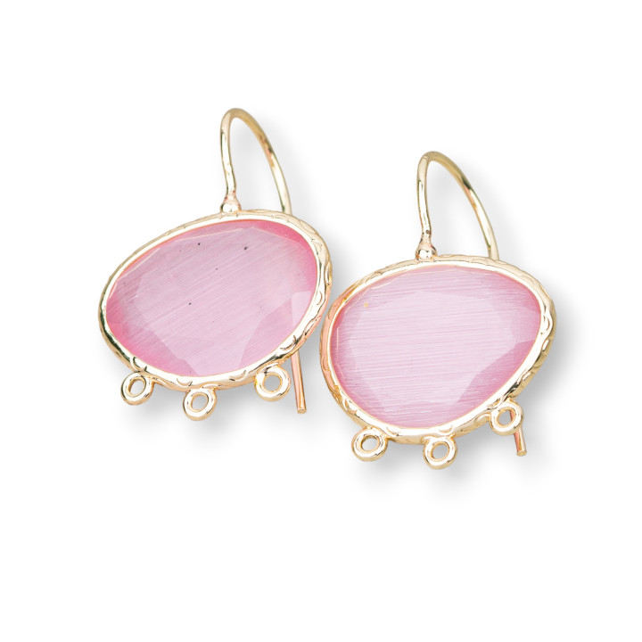 Pendientes De Botón Bronce Ojo De Gato Mango Con Cuentas 22x30mm Con 3 Anillos 3 Pares Rosa