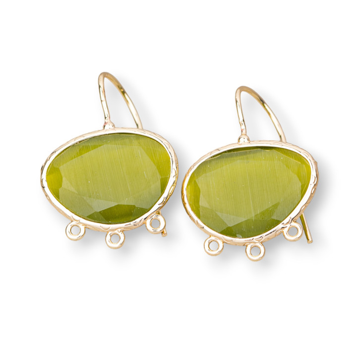 Clous d'Oreilles Bronze Oeil de Chat Mangue Bordé 22x30mm Avec 3 Anneaux 3 Paires Vert Acide