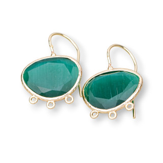 Μπρούτζινες Βάσεις Σκουλαρίκια με Cat's Eye Mango 22x30mm με 3 Κρίκους 3 Ζεύγη Σμαραγδένιο Πράσινο