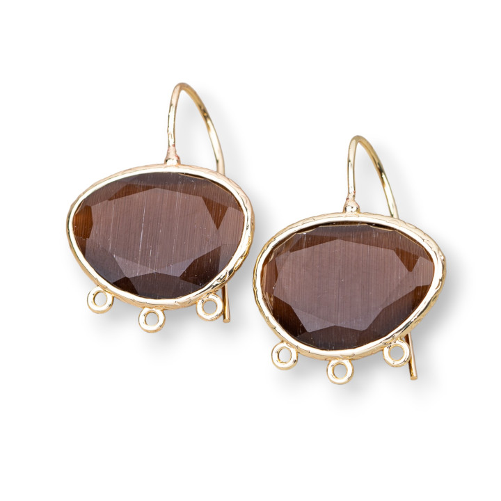 Clous d'Oreilles Bronze Oeil de Chat Mangue Bordé 22x30mm Avec 3 Anneaux 3 Paires Marron
