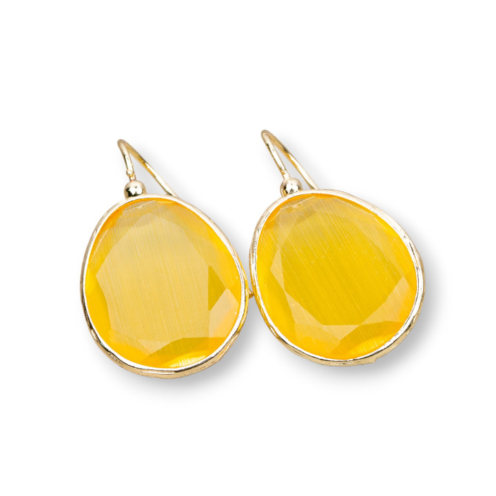 Pendientes Gancho De Bronce Con Mango Ojo De Gato Con Borde 20x40mm 1 Par Amarillo