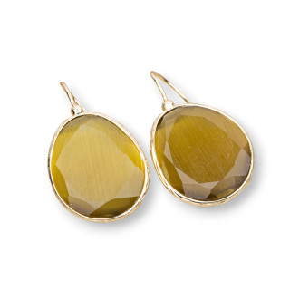 Orecchini A Monachella Di Bronzo Con Occhio Di Gatto Mango Bordato 20x40mm Dorato 1 Paio Senape