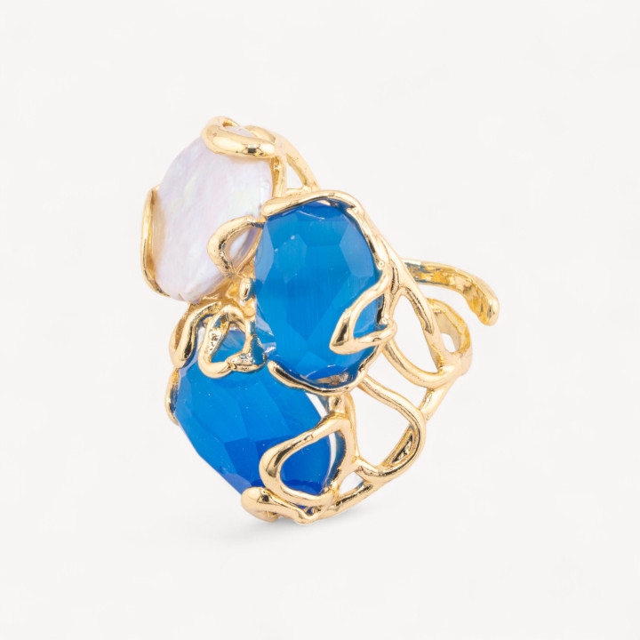 Anello Regolabile in Bronzo Dorato Collezione AURORA con Occhio Di Gatto Con Perle Di Fiume Blu| Gioiello Artigianale Donna 32x