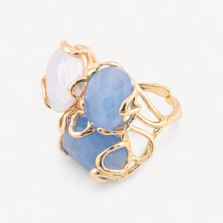 Bague Bronze Oeil de Chat 32x36mm Taille Ajustable Avec Perles Célestes Rivière Dorée