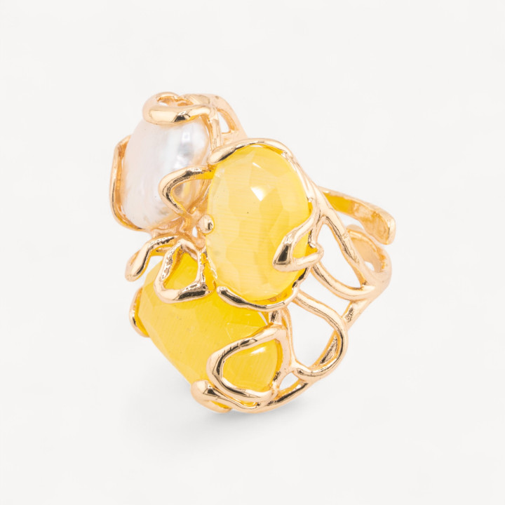 Anello Regolabile in Bronzo Dorato Collezione AURORA con Occhio Di Gatto Con Perle Di Fiume  Giallo | Gioiello Artigianale Donn