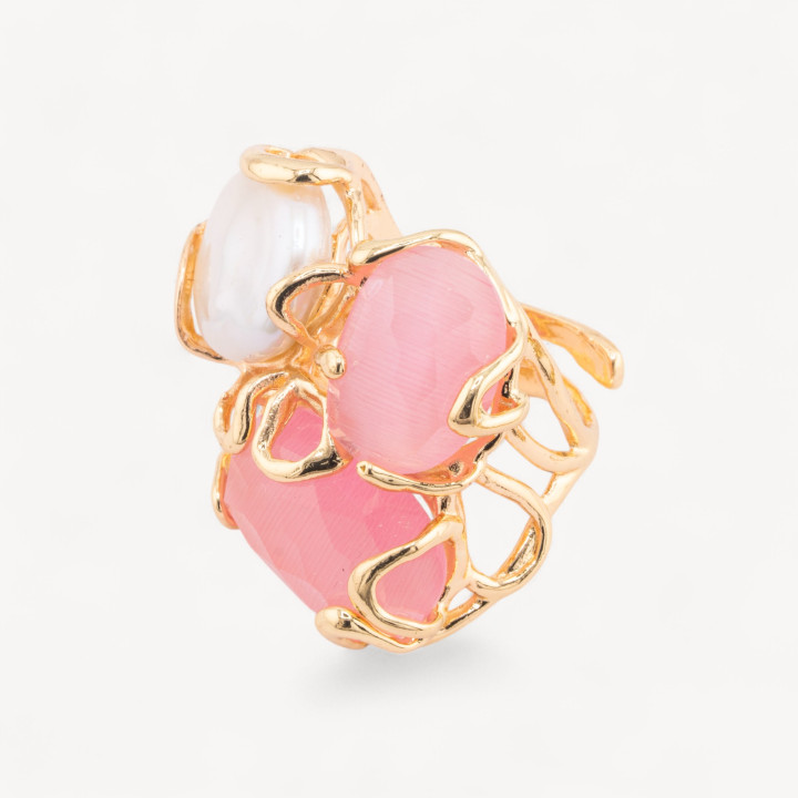 Bronze Ring With Cat's Eye 32x36mm Adjustable Size With Pink Golden River Pearls
