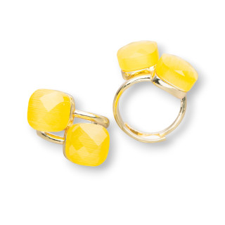 Bague Bronze Oeil de Chat Double Carré 12mm Taille Ajustable Doré Jaune