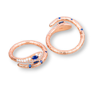 Schlangenring aus 925er Silber mit Zirkonen, größenverstellbar, Roségold, Blau