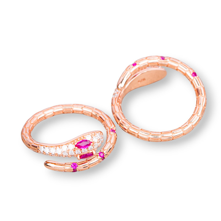 Anello Di Argento 925 Serpente Con Zirconi Misura Regolabile Oro Rosa Rosso