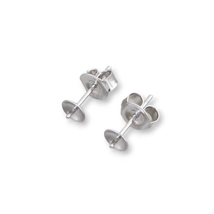Base For Earrings Of 925 Silver Stud With Cup And Butterfly 3mm 20 Pairs Rhodium Plated