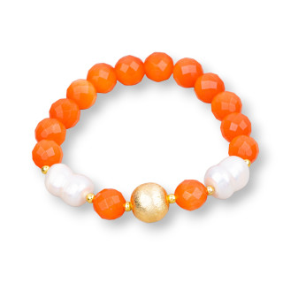 Bracciale Elastico Di Occhio Di Gatto  8mm Con Perle Di Fiume E Pallina Di Bronzo Arancio Bianco