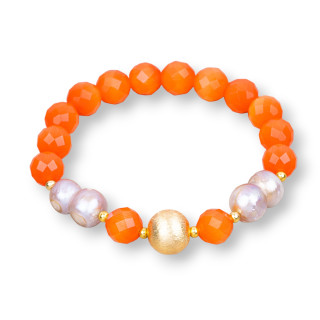 Bracelet Élastique Oeil De Chat 08mm Avec Perle De Rivière Et Boule De Bronze Lilas Orange
