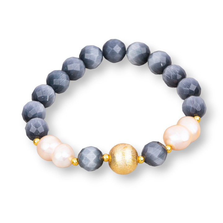 Bracciale Elastico Di Occhio Di Gatto  8mm Con Perle Di Fiume E Pallina Di Bronzo Grigio Rosa