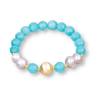 Elastic Cat's Eye Bracelet 08mm With River Pearls And Lilac Turquoise Bronze Ball