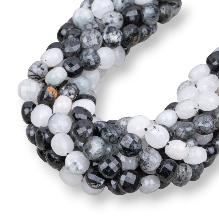 Schwarzer Rutilquarz (Graffiti-Turmalin-Quarz), runde, flache Münze, facettiert, maschinell geschnitten, 8 mm