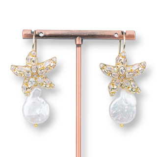 Boucles D'oreilles Crochet Etoile De Mer En Bronze Avec Cubic Zirconia Et Perles De Rivière Baroques Blanches