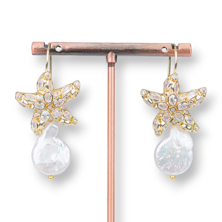 Pendientes De Gancho De Bronce De Estrella De Mar Con Zirconia Cúbica Y Perlas De Río Barrocas Blancas