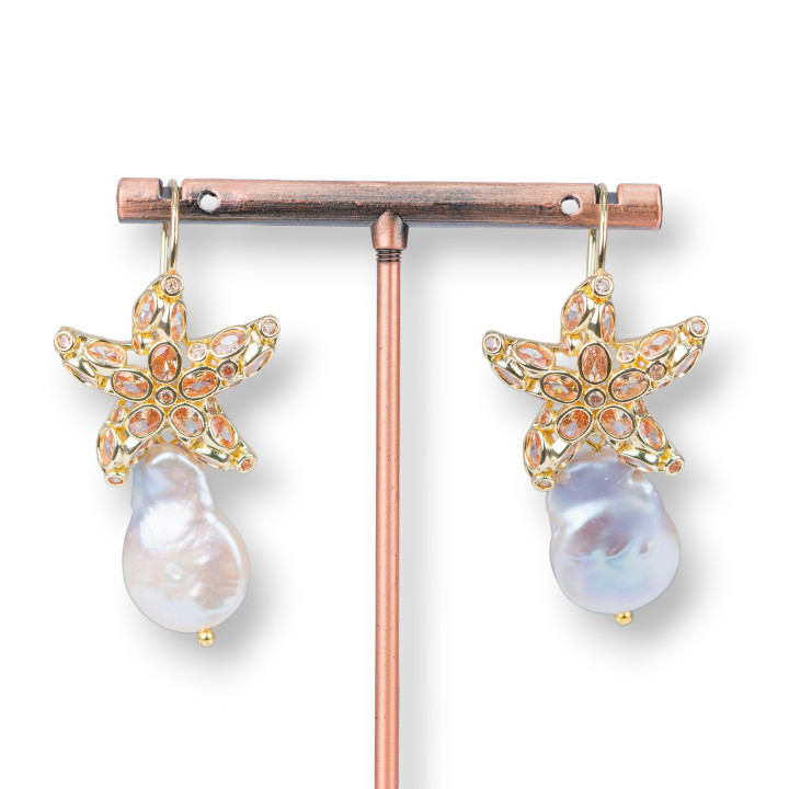 Orecchini A Monachella Di Bronzo Stella Marina Con Zirconi E Perle Di Fiume Barocche Champagne