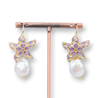 Starfish Bronze Hook Earrings With Zircons And Lilac Baroque River Pearls