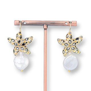 Boucles D'oreilles Crochet Étoile De Mer En Bronze Avec Zircons Et Perles De Rivière Baroques Noires